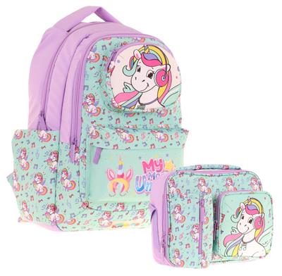 Kaukko Kız Çocuk 3D Unicorn Şekilli Turkuaz Okul Sırt Çantası ve Isı Yalıtımlı Beslenme Çantası Seti