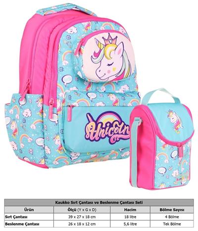 Kaukko Kız Çocuk 3D Unicorn Şekilli Turkuaz Pembe Okul Sırt Çantası ve Isı Yalıtımlı Beslenme Çantası Seti