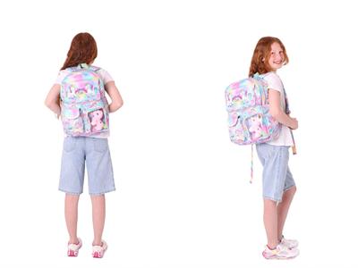 Kaukko Kız Çocuk Beş Bölmeli Okul Çantası ve Üç Bölmeli Kalemlik Seti - Peluş Unicornlu - Pembe