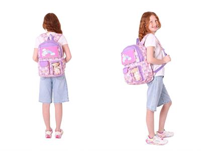 Kaukko Kız Çocuk Beş Bölmeli Okul Çantası ve Üç Bölmeli Kalemlik Seti - Peluş Kedili - Pembe Mor