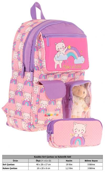 Kaukko Kız Çocuk Beş Bölmeli Okul Çantası ve Üç Bölmeli Kalemlik Seti - Peluş Kedili - Pembe Mor