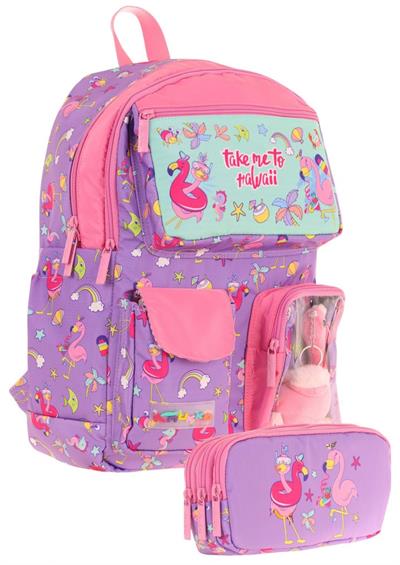 Kaukko Kız Çocuk Beş Bölmeli Okul Çantası ve Üç Bölmeli Kalemlik Seti - Peluş Flamingolu - Mor Pembe