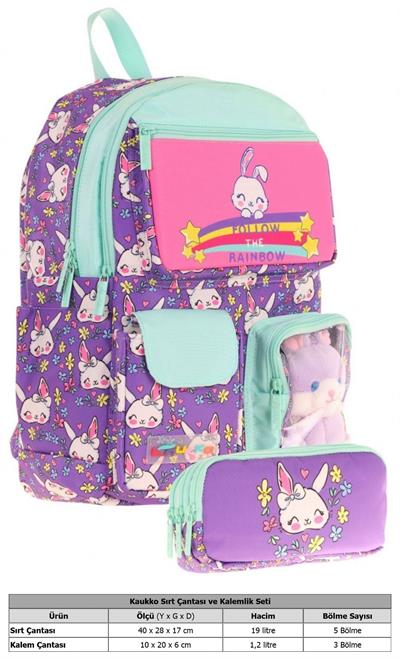 Kaukko Kız Çocuk Beş Bölmeli Okul Çantası ve Üç Bölmeli Kalemlik Seti - Peluş Tavşanlı - Mor Yeşil