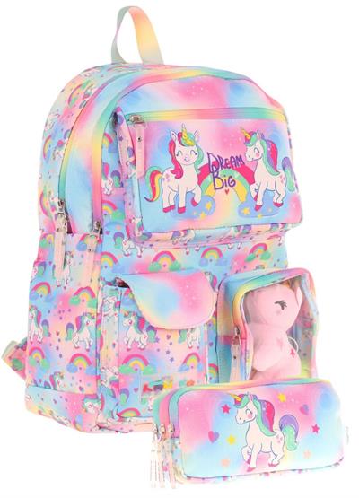 Kaukko Kız Çocuk Beş Bölmeli Okul Çantası ve Üç Bölmeli Kalemlik Seti - Peluş Unicornlu - Pembe