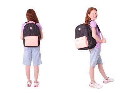 Kaukko Kız Çocuk Çizgi Desenli Üç Gözlü İlkokul Çantası ve Kalemlik Seti - Siyah Somon