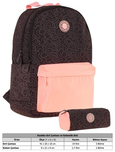 Kaukko Kız Çocuk Çizgi Desenli Üç Gözlü İlkokul Çantası ve Kalemlik Seti - Siyah Somon