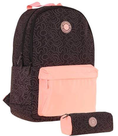 Kaukko Kız Çocuk Çizgi Desenli Üç Gözlü İlkokul Çantası ve Kalemlik Seti - Siyah Somon