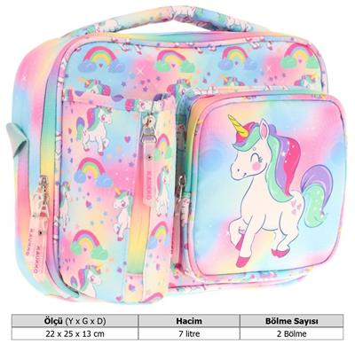 Kaukko Kız Çocuk, Çok Renkli, Unicorn Baskılı Isı Yalıtımlı Üç Bölmeli (Matara Cepli) Okul Beslenme Çantası L7243