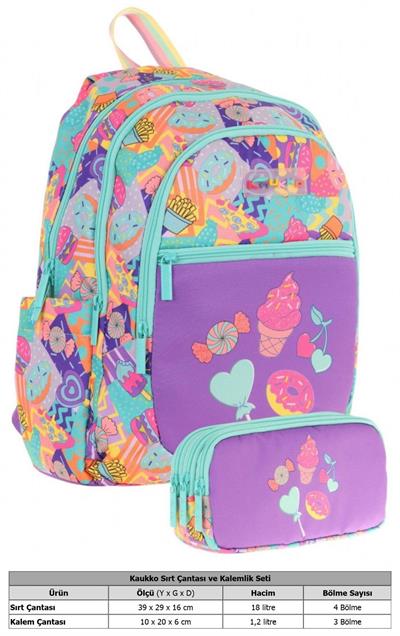 Kaukko Kız Çocuk Dört Gözlü Okul Çantası ve Üç Gözlü Kalem Çantası Seti - Yeşil Mor - Şekerleme (L5231+L8231)