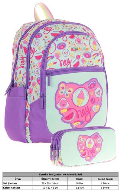 Kaukko Kız Çocuk Dört Gözlü Okul Çantası ve Üç Gözlü Kalem Çantası Seti - Mor Yeşil - Karpuz ve Dondurma (L5230+L8230)