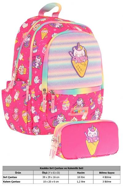 Kaukko Kız Çocuk Dört Gözlü Okul Çantası ve Üç Gözlü Kalem Çantası Seti - Pembe - Dondurma (L5227+L8227)