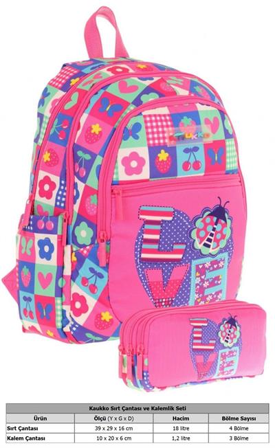 Kaukko Kız Çocuk Dört Gözlü Okul Çantası ve Üç Gözlü Kalem Çantası Seti - Pembe Mavi - Love (L5229+L8229)