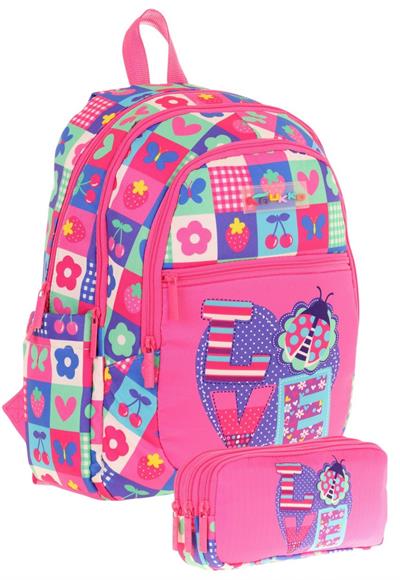 Kaukko Kız Çocuk Dört Gözlü Okul Çantası ve Üç Gözlü Kalem Çantası Seti - Pembe Mavi - Love (L5229+L8229)