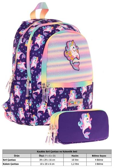 Kaukko Kız Çocuk Dört Gözlü Okul Çantası ve Üç Gözlü Kalem Çantası Seti - Mor - Unicorn (L5228+L8228)