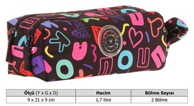 Kaukko Kız Çocuk İki Bölmeli Siyah Kaukko Kalp Baskılı Kalem Çantası/Kalemlik - K2692