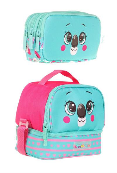 Kaukko İki Bölmeli Isı Yalıtımlı Beslenme + Kalemlik Seti (Koala Desenli ) (Yeşil Kırmızı)