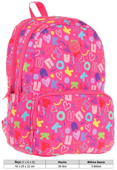 Kaukko Kız Çocuk Kalp ve Kaukko Baskılı Pembe Okul Çantası - Üç Bölmeli - K1783