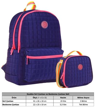 Kaukko Kız Çocuk Kapitone Detaylı Lacivert Pembe Okul Çantası ve Kalemlik Seti(K1773+K9048)