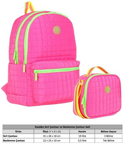 Kaukko Kız Çocuk Kapitone Detaylı Pembe Yeşil Okul Çantası ve Kalemlik Seti(K1771+K9046)