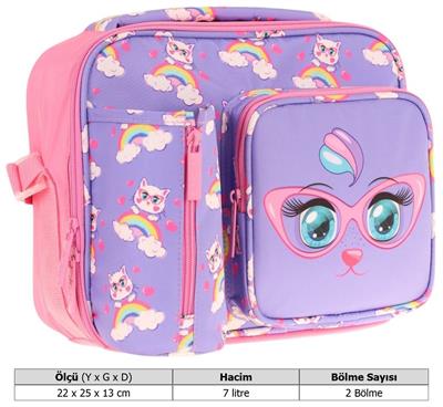 Kaukko Kız Çocuk, Lila Pembe, Kedi Baskılı Isı Yalıtımlı Üç Bölmeli (Matara Cepli) Okul Beslenme Çantası L7236