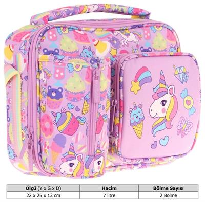 Kaukko Kız Çocuk, Lila, Unicorn Desenli Isı Yalıtımlı Üç Bölmeli (Matara Cepli) Okul Beslenme Çantası L7215