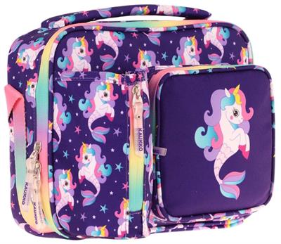 Kaukko Kız Çocuk, Mor Çok Renkli, Unicorn ve Denizkızı Isı Yalıtımlı Üç Bölmeli (Matara Cepli) Okul Beslenme Çantası L7228