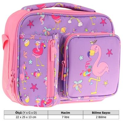 Kaukko Kız Çocuk, Mor Pembe, Flamingo Baskılı Isı Yalıtımlı Üç Bölmeli (Matara Cepli) Okul Beslenme Çantası L7240