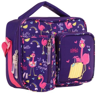 Kaukko Kız Çocuk, Mor Pembe, Flamingo Baskılı Isı Yalıtımlı Üç Bölmeli (Matara Cepli) Okul Beslenme Çantası L7223