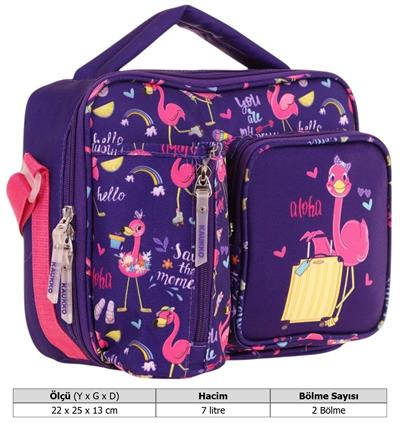 Kaukko Kız Çocuk, Mor Pembe, Flamingo Baskılı Isı Yalıtımlı Üç Bölmeli (Matara Cepli) Okul Beslenme Çantası L7223