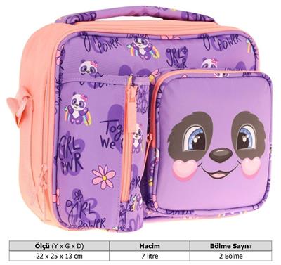 Kaukko Kız Çocuk, Mor SOmon, Panda Desenli Isı Yalıtımlı Üç Bölmeli (Matara Cepli) Okul Beslenme Çantası L7233