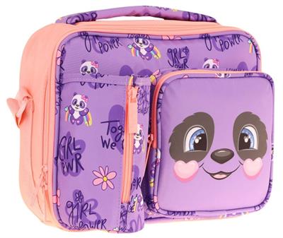Kaukko Kız Çocuk, Mor SOmon, Panda Desenli Isı Yalıtımlı Üç Bölmeli (Matara Cepli) Okul Beslenme Çantası L7233