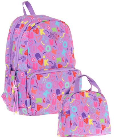 Kaukko Kız Çocuk Okul Sırt Çantası ve Beslenme Çantası Seti - Mor - Kalp ve Kaukko Baskılı