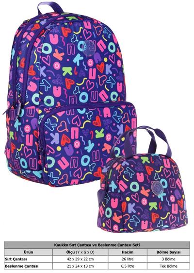 Kaukko Kız Çocuk Okul Sırt Çantası ve Beslenme Çantası Seti - Lacivert - Kalp ve Kaukko Baskılı