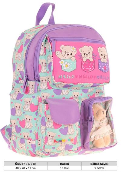 Kaukko Kız Çocuk Peluş Ayıcıklı İlkokul Okul Sırt Çantası - Yeşil Mor - L5239