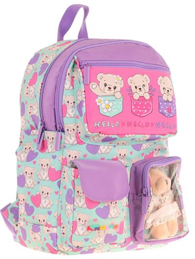 Kaukko Kız Çocuk Peluş Ayıcıklı İlkokul Okul Sırt Çantası - Yeşil Mor - L5239
