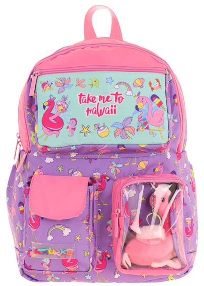 Kaukko Kız Çocuk Peluş Flamingolu İlkokul Okul Sırt Çantası - Mor Pembe - L5240