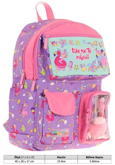 Kaukko Kız Çocuk Peluş Flamingolu İlkokul Okul Sırt Çantası - Mor Pembe - L5240