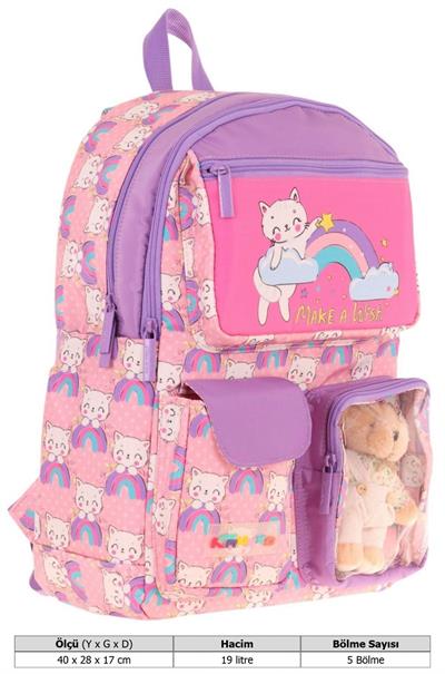 Kaukko Kız Çocuk Peluş Kedili İlkokul Okul Sırt Çantası - Pembe Mor - L5241