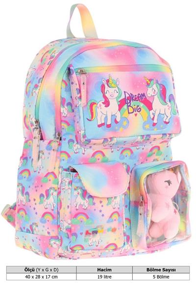 Kaukko Kız Çocuk Peluş Unicornlu İlkokul Okul Sırt Çantası - Pembe - L5243