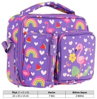 Kaukko Kız Çocuk, Pembe Mor, Flamingo Desenli Isı Yalıtımlı Üç Bölmeli (Matara Cepli) Okul Beslenme Çantası L7226