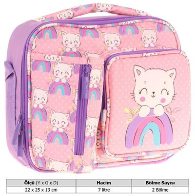 Kaukko Kız Çocuk, Somon Mor, Kedi Desenli Isı Yalıtımlı Üç Bölmeli (Matara Cepli) Okul Beslenme Çantası L7241