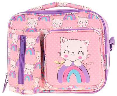 Kaukko Kız Çocuk, Somon Mor, Kedi Desenli Isı Yalıtımlı Üç Bölmeli (Matara Cepli) Okul Beslenme Çantası L7241