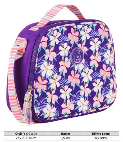 Kaukko Kız Çocuklar İçin Isı Yalıtımlı Thermo Beslenme Çantası - Mor- Çiçek Desenli - K9038