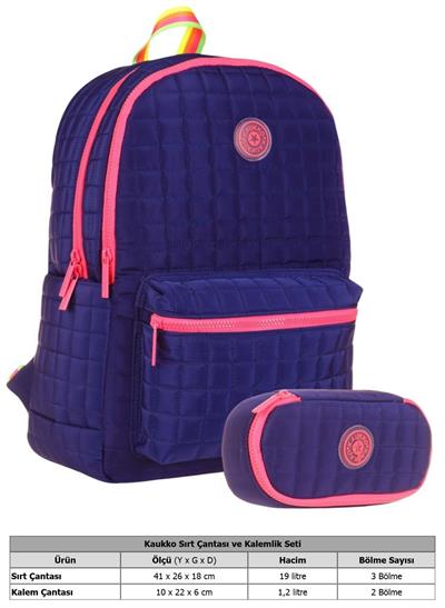 Kaukko Kız Çocuklar İçin Lacivert Okul Çantası ve Organizer Kalemlik Seti (KK-K1773+KK-K2624)