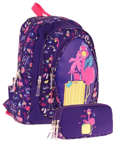 Kaukko Kız Çocuklar İçin Okul Sırt Çantası (L5223) ve Üç Bölmeli Kalemlik (L8223) Seti - Mor Pembe - Flamingo Detaylı