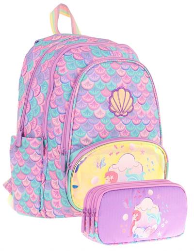 Kaukko Kız Çocuklar İçin Okul Sırt Çantası (L5225) ve Üç Bölmeli Kalemlik (L8225) Seti - Pembe Yeşil - Denizkızı Nakışlı ve Baskılı