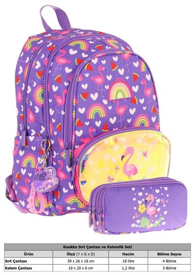 Kaukko Kız Çocuklar İçin Okul Sırt Çantası (L5226) ve Üç Bölmeli Kalemlik (L8226) Seti - Mor Pembe - Flamingo Nakışlı ve Baskılı