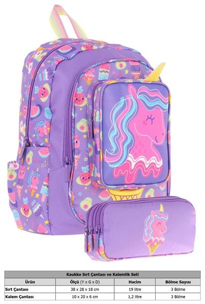 Kaukko Kız Çocuklar İçin Okul Sırt Çantası (L5224) ve Üç Bölmeli Kalemlik (L8224) Seti - Mor Sarı - Unicorn Detaylı