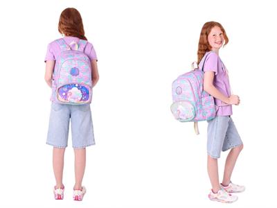 Kaukko Kız Çocuklar İçin Okul Sırt Çantası (L5225) ve Üç Bölmeli Kalemlik (L8225) Seti - Pembe Yeşil - Denizkızı Nakışlı ve Baskılı