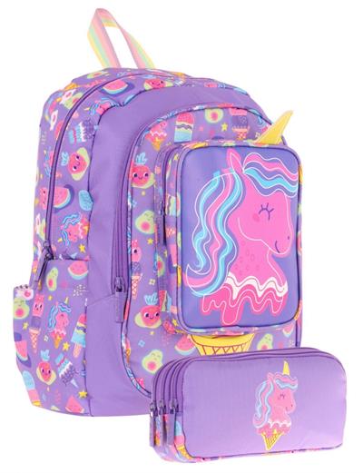 Kaukko Kız Çocuklar İçin Okul Sırt Çantası (L5224) ve Üç Bölmeli Kalemlik (L8224) Seti - Mor Sarı - Unicorn Detaylı